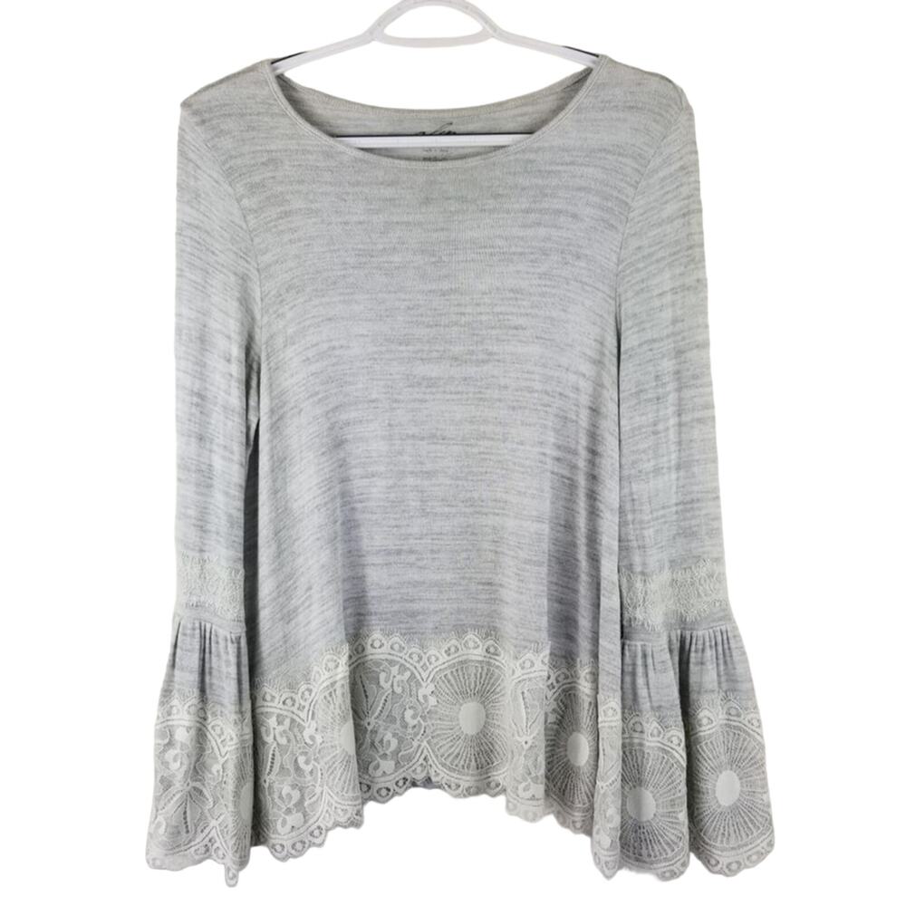 Alya Heather Gray Beautiful Lace Detail Lightweight Women's Sweater Top M